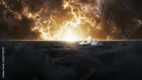 Creation of light in the cosmos. Divine golden energy exploding over dark clouds. Biblical genesis and beginning of the universe concept