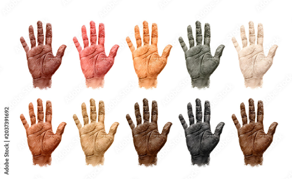 Obraz premium Diverse Human Hand Palette Displaying Cultural Unity and Inclusivity on Black Background