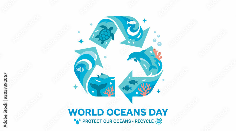 Fototapeta premium World Oceans Day recycling symbol with marine life and waves, promoting ocean protection and recycling.