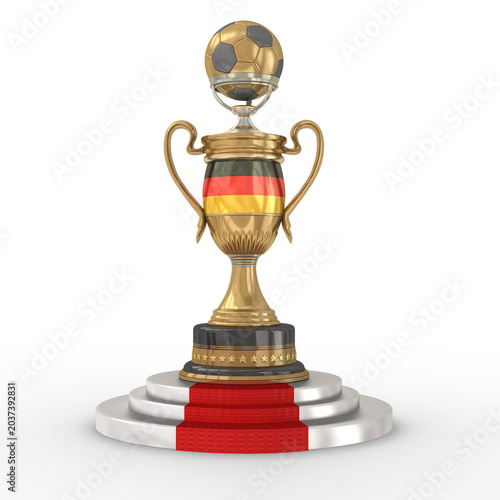 3d goldener, hochglanz Fußball Pokal mit Sockel, Fußball und Deutschlandflagge auf roten Teppich, schwarz, rot, gelb auf transparenten Hintergrund	