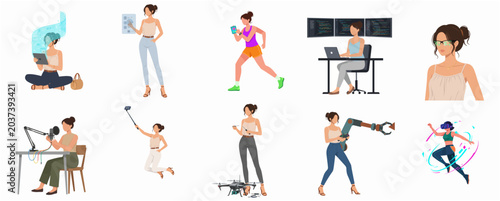 Set of modern women characters using advanced technology, featuring VR gaming, drone engineering, coding, podcasting, and digital lifestyle illustrations