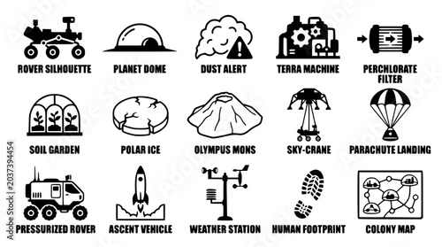 Black and white vector graphic illustration of mars exploration icons set