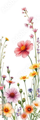 Delicate floral square frame with blooming wildflowers and medicinal herbs hand-painted in watercolor, garden, whimsical