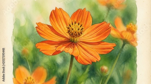 Vibrant Orange Cosmos Flower in Full Bloom, Capturing Natures Beauty with Delicate Petals and Green Background.