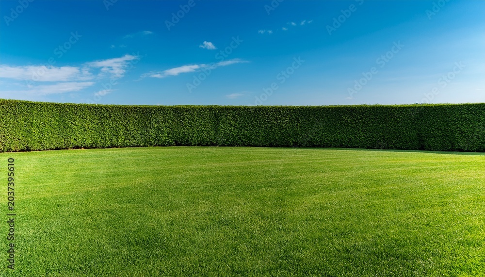 Obraz premium Green Grass Lawn With A Tall Hedge Under A Clear Blue Sky