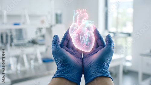 Emotional realistic photo of gloved hands holding a glowing 3D holographic beating human heart.