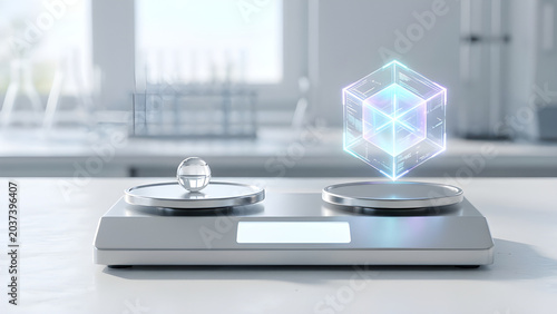 Minimalist realistic photo of a lab scale balancing a chemical drop and a glowing holographic data cube