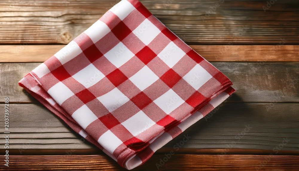 Obraz premium Red Gingham Napkin On Wood A Red And White Gingham Napkin Sits On A Wooden Surface Exuding Simplicity And Elegance Evoking Feelings Of Comfort And The Simplicity Of Everyday Life
