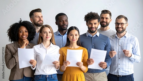 Diverse group of people holding papers.