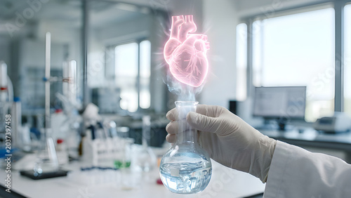 Cinematic photo of liquid inside a lab flask transforming into a glowing holographic human heart.