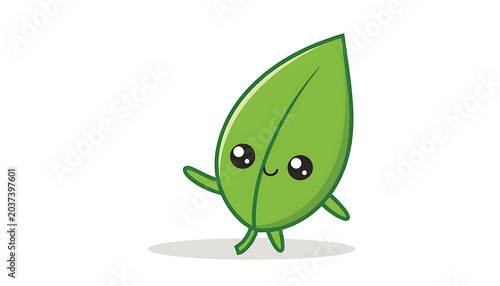 Smiling green leaf cartoon character standing.