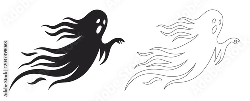 Foto Spooky Halloween Flying Ghost With Trail Silhouette And Line Art Vector Illustra
