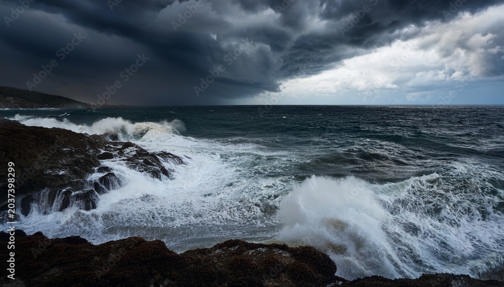 Fototapeta premium The Ocean Is Rough And Choppy With Dark Clouds Looming Overhead