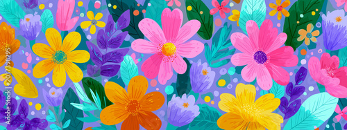 a visually rich, two dimensional graphic of numerous blooming flowers and botanical elements. dominant colors are pink