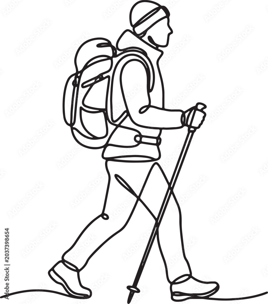 Obraz premium Hiker Backpacker One Line Art Vector Illustration – Adventure Travel Minimal Outline Drawing