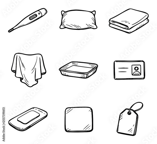 Health and home design icons with thermometer, pillow and blanket for mobile app interface in hand drawn style