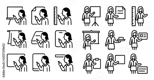 Education and presentation vector icons with teacher, ruler and flipchart for infographic design in outline style