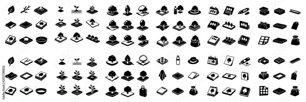 Obraz premium Ecology and gardening icon set with tree seedling and pot for dashboard interface in minimal design