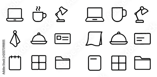 Work and office UI elements with laptop, coffee cup and desk lamp for web dashboard design in outline style