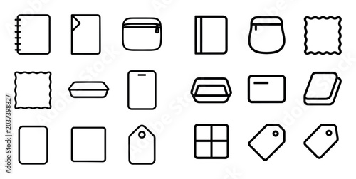 Office and stationery vector icons with notebook, tag and folder for web design in minimal outline style