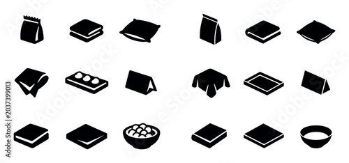 Packaging and tableware design icons with bag, napkin and bowl for print design in solid style