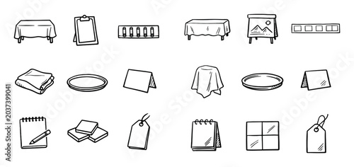 Stationery and office design icons with table, clipboard and tag for infographic layouts in hand drawn illustration style