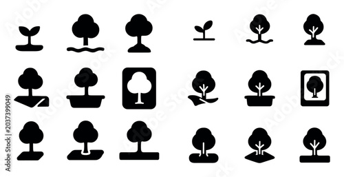 Ecology and nature concept icons with tree, sapling and leaf for infographic design in solid style