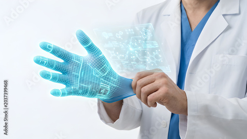 Realistic photo of medical gloves emitting a glowing pastel augmented reality grid forming a digital interface.