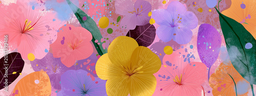 a visually rich, two dimensional graphic of numerous blooming flowers and botanical elements. dominant colors are pink