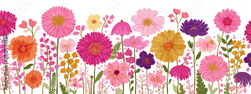 a visually rich, two dimensional graphic of numerous blooming flowers and botanical elements. dominant colors are pink