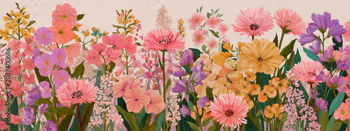 a visually rich, two dimensional graphic of numerous blooming flowers and botanical elements. dominant colors are pink