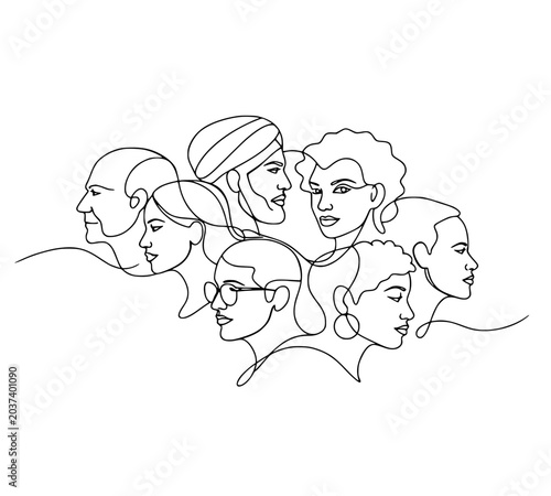 Faces Line Drawing, Continuous-line drawing of multiple faces in profile and frontal views, symbolizing diversity and connection