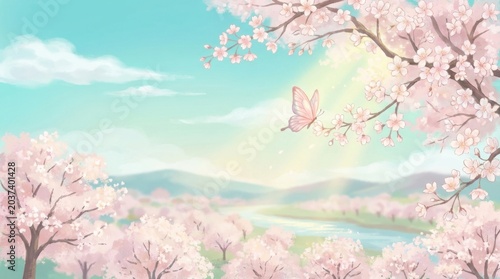 Serene Springtime Landscape - Cherry Blossoms Blooming Under a Bright Sky.