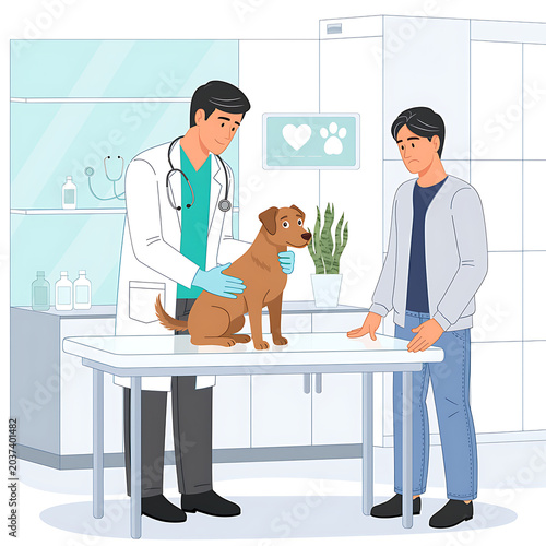 Veterinarian Examining Brown Dog On Table.