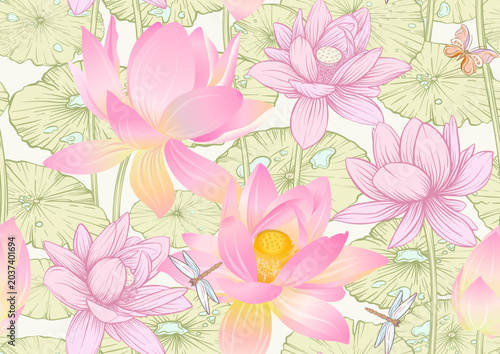 Lotus seamless floral pattern. Hand drawn botanical design with blooms buds lily pads dragonfly and koi fish for textile wallpaper fabric print wedding romantic and asian art projects. 
