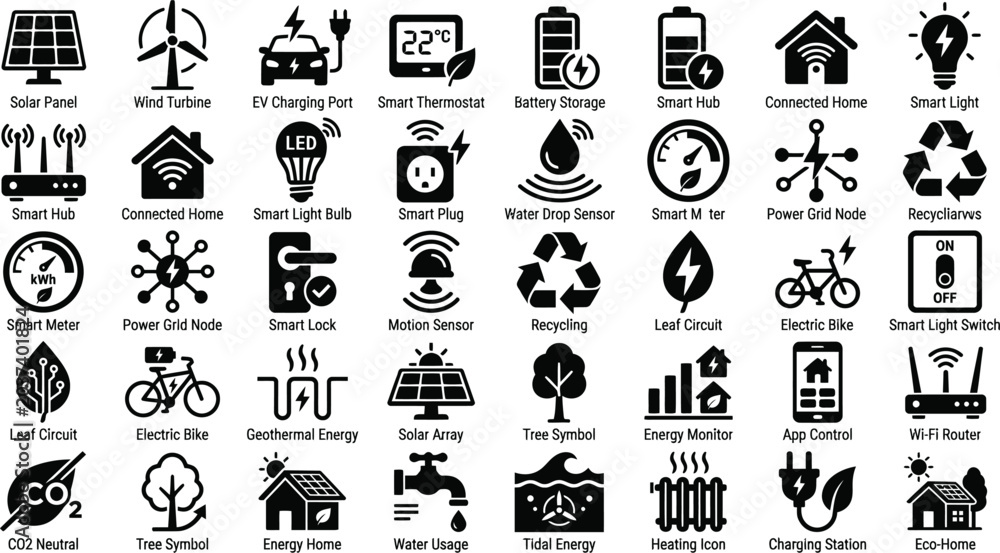 Fototapeta premium Green energy, smart home technology icon set, eco UI elements for web apps - stock vector