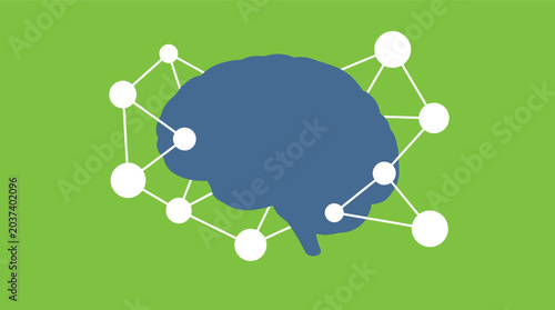 Minimalist vector illustration of a human brain surrounded by a connected neural network symbolizing artificial intelligence machine learning and cognitive computing