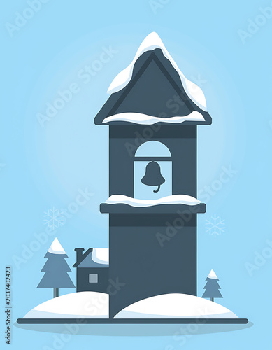 Snowy Tower Architecture Winter Scene Illustration.