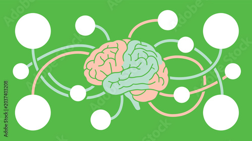 Flat design vector illustration of a human brain with two hemispheres and connected white circles symbolizing thought processes creativity and networking concepts