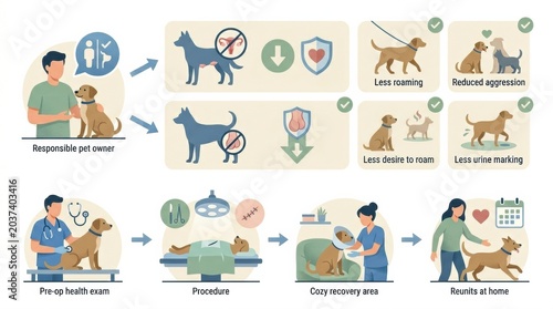 The spay neuter procedure steps, highlighting pet care, pre-operative health exams, and post-operative recovery.