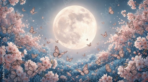 Enchanting Nighttime Scene - Full Moon Illuminates Blossoming Flowers and Fluttering Butterflies.