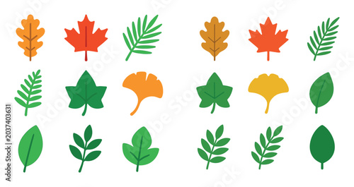Autumn icons with maple leaf oak leaf fern flat colorful
