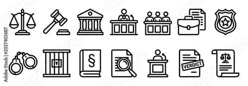 Collection of black line art icons representing law, justice, and the legal system, featuring a gavel, scales, courthouse, and verdict in a minimalist vector style