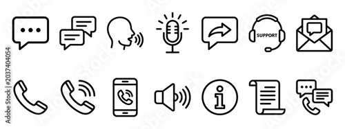 Set of black line icons representing communication and customer support concepts like chat, phone calls, email, and information, presented in a clean, minimalist vector style