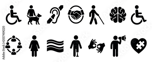 Set of black disability and accessibility icons representing physical, sensory, and neurological conditions, inclusion, support, and community concepts for diverse representation