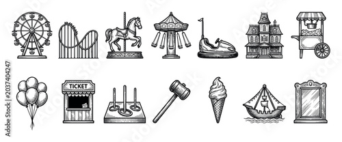 Vintage amusement park and carnival icons rendered in a black and white engraving style show a ferris wheel, roller coaster, carousel, haunted house, and ticket booth