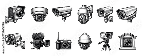Collection of security and vintage cameras illustrated in a detailed black and white engraving style, showing various CCTV, movie, and photo camera models for surveillance and recording