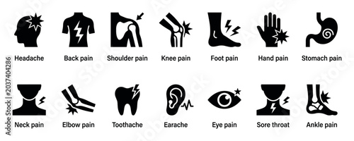 Collection of black glyph icons representing various types of human body pain, including headache, back pain, joint injury, and other common medical symptoms and ailments