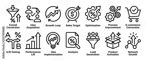 Set of business growth line icons for marketing and sales strategy, featuring pictograms for funnel conversion, user acquisition, optimization, A/B testing, and lead generation