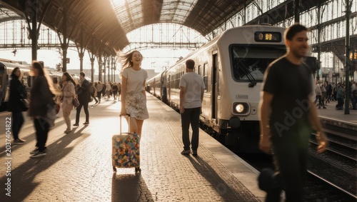 Passengers at a bustling train station, bathed in sunlight, with a train pulling into the platform